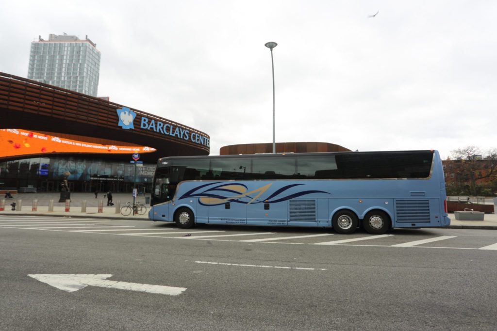 Our 56 Passenger Executive Coach at the Barclays Center Brooklyn Best Trails & Travels gets you to all the Brooklyn Nets and Long Island Nets action at the Barclays Center Brooklyn